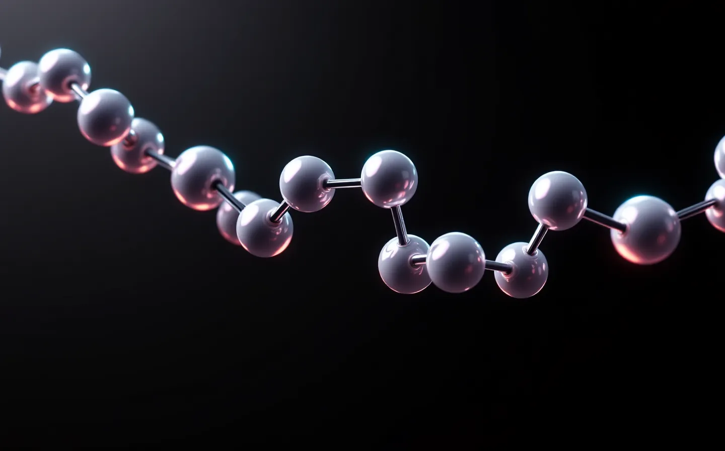 Cinematic 3D render of an abstract hexadecapeptide chain on black with lavender rim-light